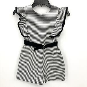 BARDOT JUNIOR Esther Belt Playsuit US 7-8 Medium Black White Stripe Ruffle NWT
